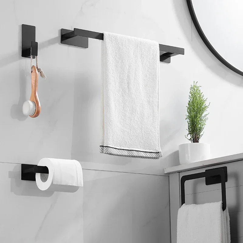 Stainless No Drill Steel Matte Black Bath Hardware Set Self-adhesive Towel Bar Towel Ring Paper Holder Hook Bathroom Accessories