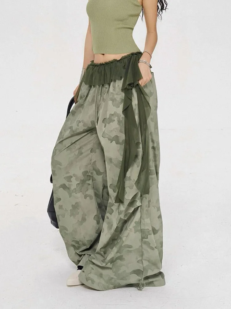 الأمريكية Y2K الهيب هوب الدانتيل المرقعة التمويه بانت المرأة الشارع الشهير البضائع السراويل خمر عالية الخصر الخريف تصميم واسعة الساق بانت