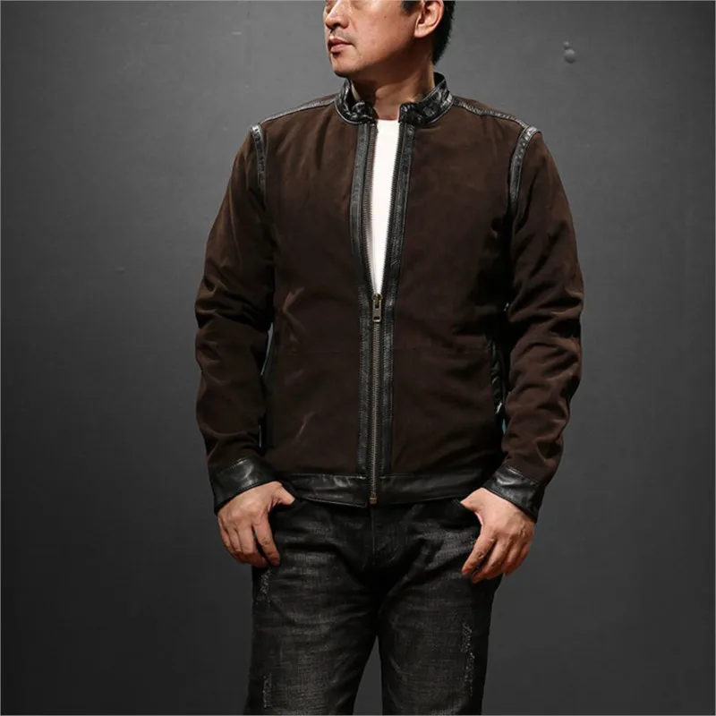 A deep coffee-colored leather with stand-up collar for men made of cowhide