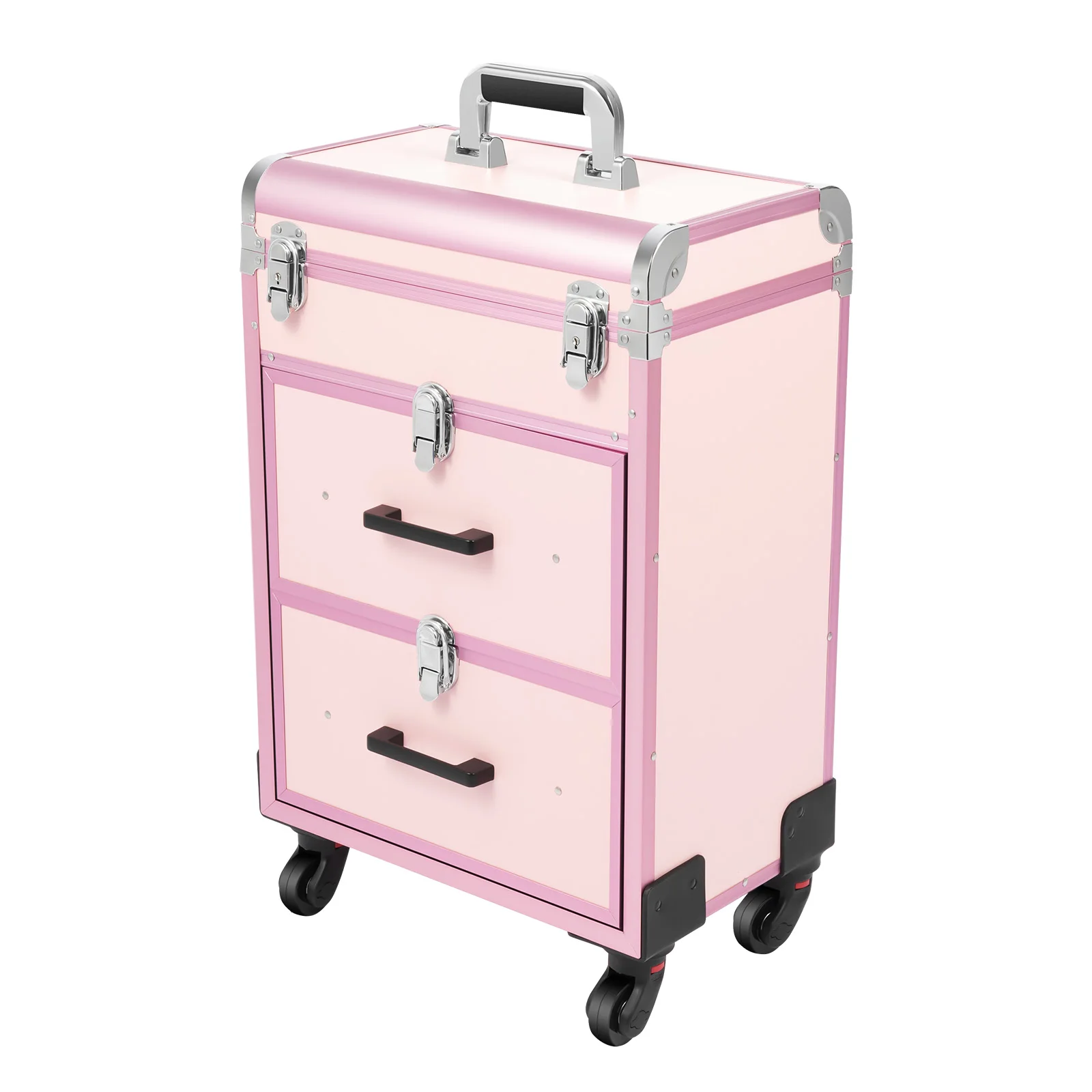 Bymaocar 40 Grids Makeup Train Case Pink Rolling Cosmetic Case 2 Large Drawers Detachable Storage Bag 3 Level Telescopic Handle Lightweight 14.8lbs Silent Universal Wheels for Nail Tattoo Beauty Salon view 4