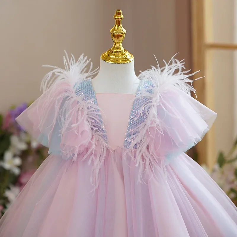 Baby Girls Sequins Elegant Princess Rainbow Dress Kids Wedding Party Ruffles Christening Gown Infant Birthday Banquet Costume