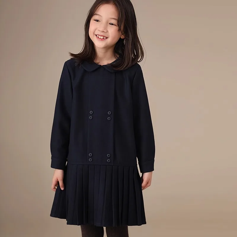 Childern Clothing Girls Peter Pan Collar Dress Girl's Long Sleeve Straight Dress Pleated Skirt Back to School Uniform