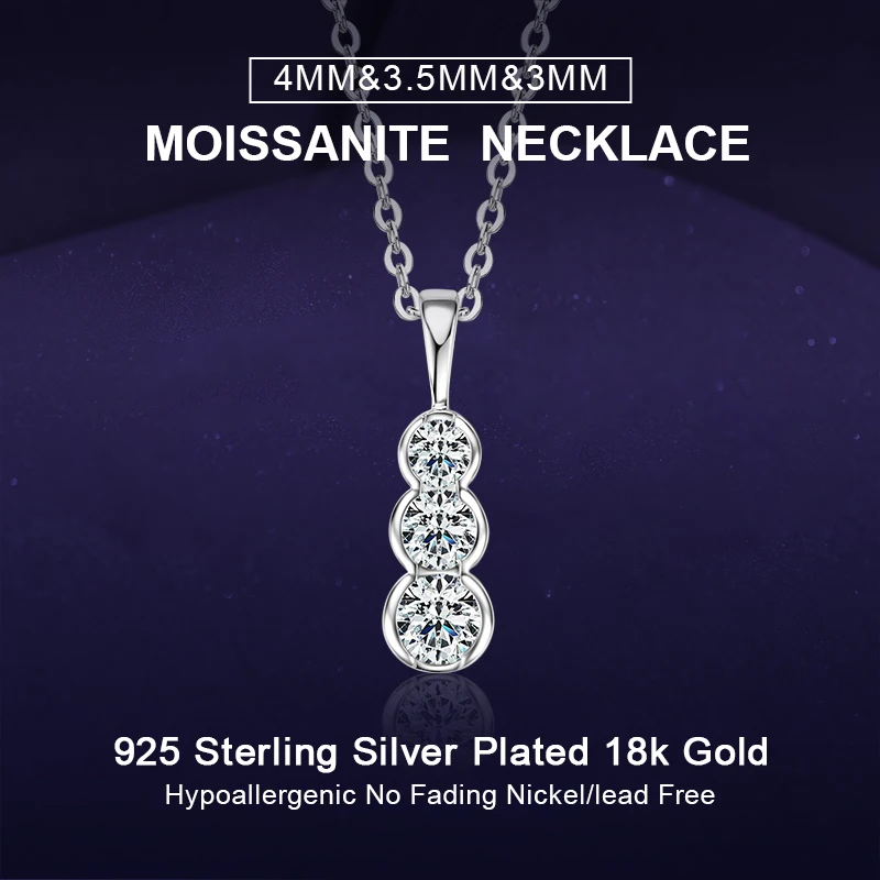 

IOGOU безель 4 мм, 3,5 мм и 3 мм, кулон из муассанита с тремя камнями, чистое серебро 925 пробы, модные модные ожерелья высокого качества для женщин