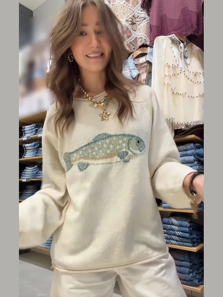 Women Crew Neck Knit Sweater Fish Jacquard Pattern Loose Drop Shoulder Long Sleeve Pullover Casual Female Daily Fall Winter Tops
