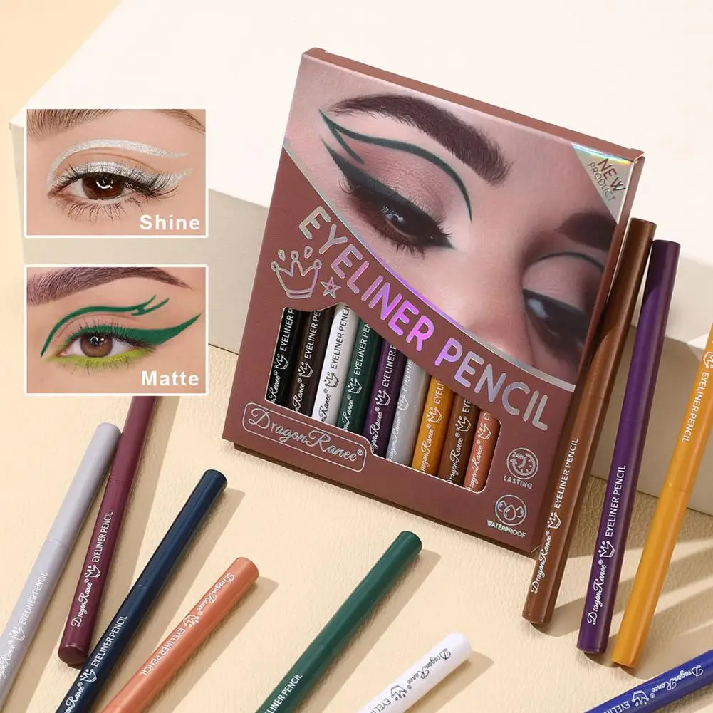 ใหม่ 12 สีอายไลเนอร์ปากกาอายไลเนอร์สีกันน้ำแต่งหน้าสีขาวเครื่องสำอางสีแดงสีเขียวสีน้ำตาลตาสีทองสีฟ้าเครื่องมือ E1W4