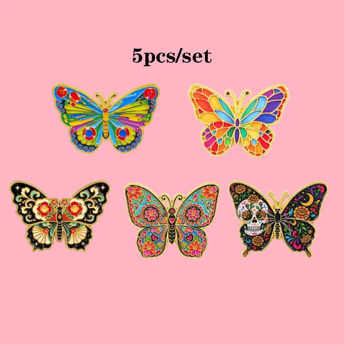 5Pcs Colorful Butterfly Brooch Mexican Art Metal Enamel Pins Set Badge on Backpack Clothing Accessories Jewelry Gift for Friends