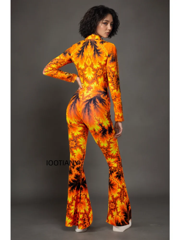 Damen Retro Orange Flammen-Jumpsuit für Musikfestivals, Bühnentanz, Halloween-Party, Cosplay, Bodysuit mit schmal geschnittenen Schlaghosen – Detail 9