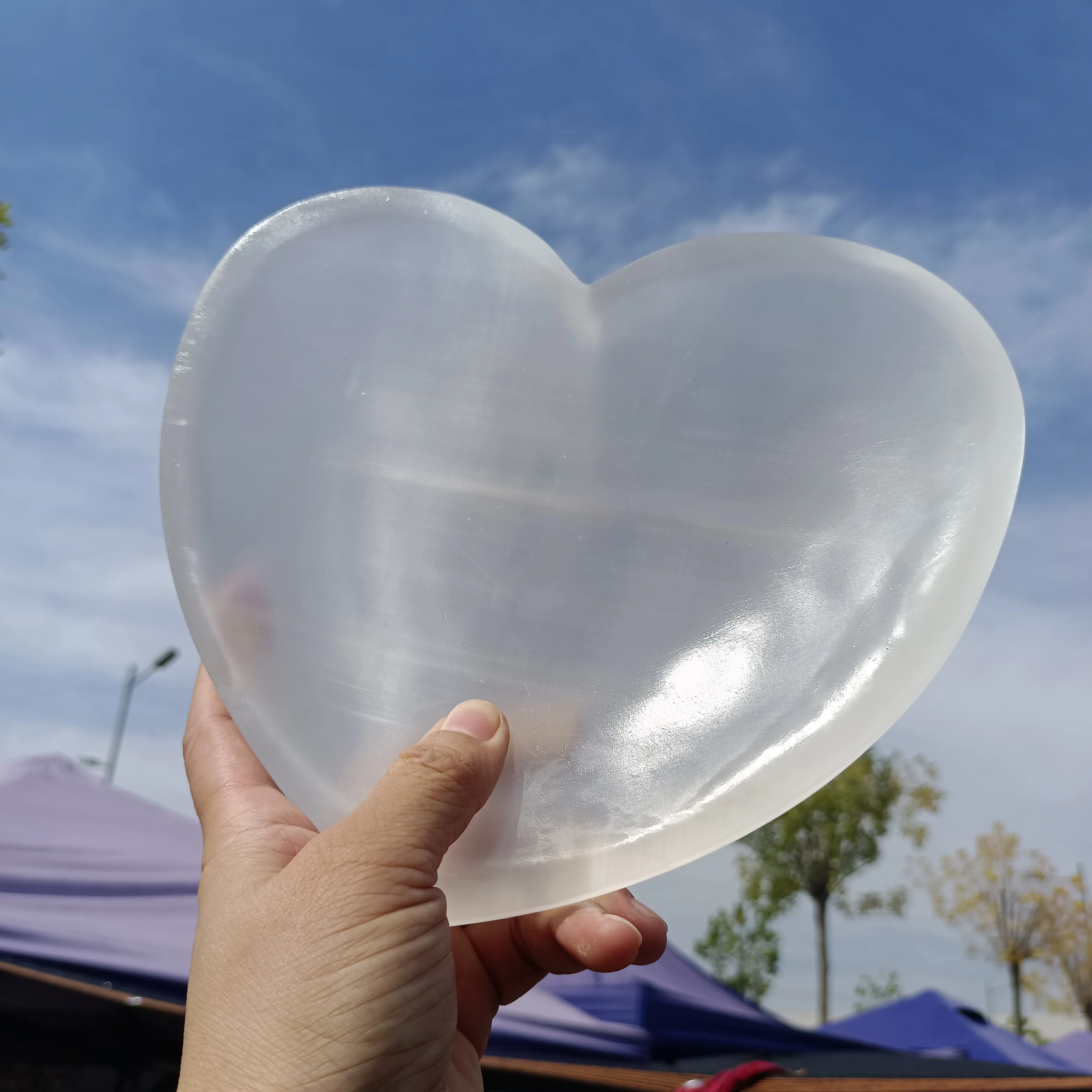 Natural Transparent Gypsum Heart,Quartz Crystal Ore Carved Heart-Shaped Bowl,Mineral Reiki Healing Stone,Degaussing Decor