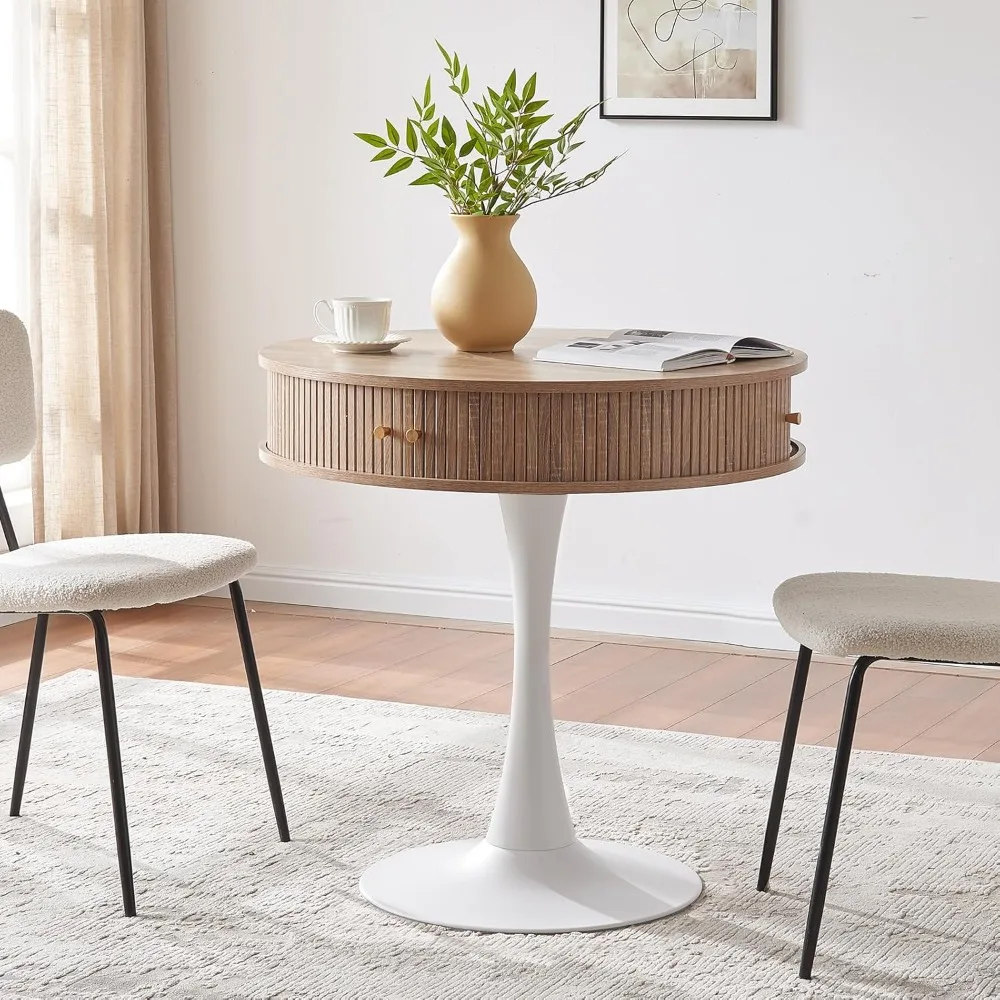 

31,5-дюймовый круглый деревянный обеденный стол, металлическое основание на пьедестале, дизайн тюльпана для отдыха, приставной столик с акцентомным кругом и скрытым отделением и W