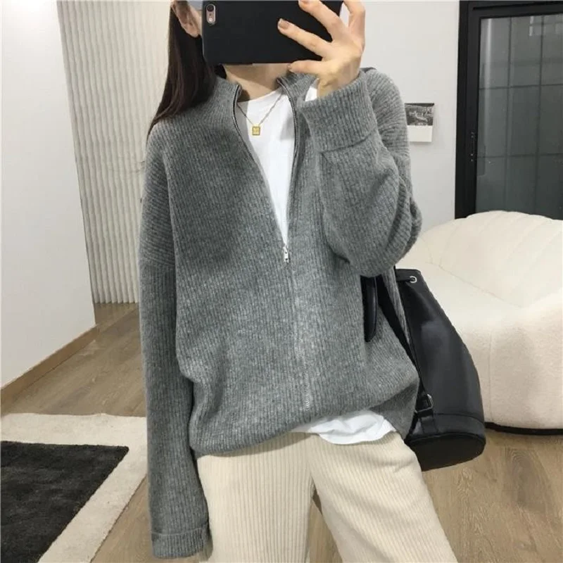 Spring Autumn New Women Sweater Clothing Wool Half-high Zipper Cardigan Fashion Female Casual Knitted Tops Cashmere Soft Jacket