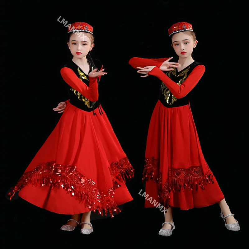 Nouveaux costumes de danse ouïghoure, costumes de spectacle de danse du Xinjiang pour enfants, grande jupe kazakh petite et élégante