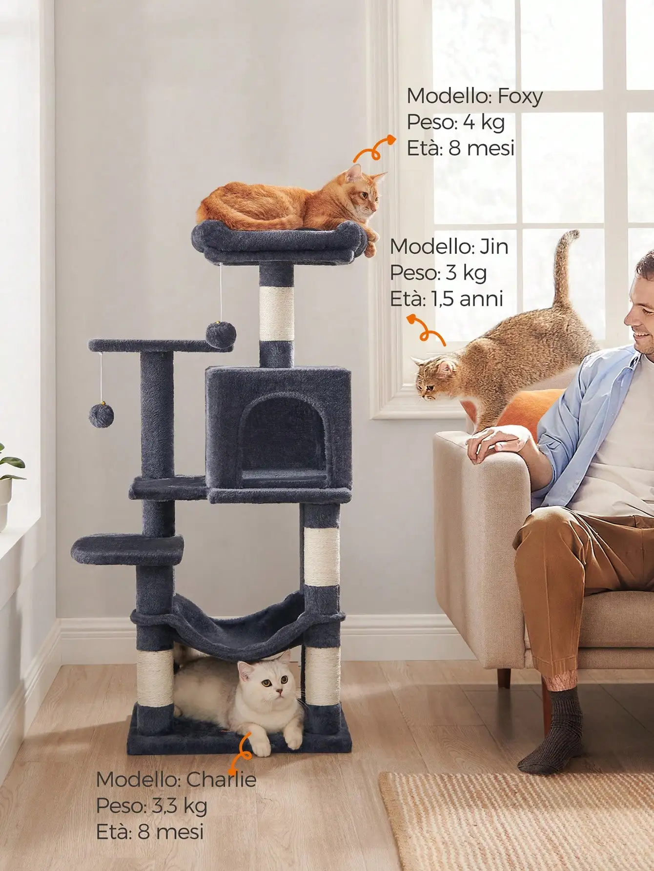 Feandrea 112cm Cat Tower: Plush condo with 4 posts, 2 perches, cave, hammock, pompoms, Smoky Grey.