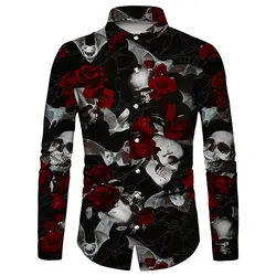 Camisa floral caveira masculina rosa, lapela de girassol, rua halloween, manga longa, botão de roupa masculina, design de moda