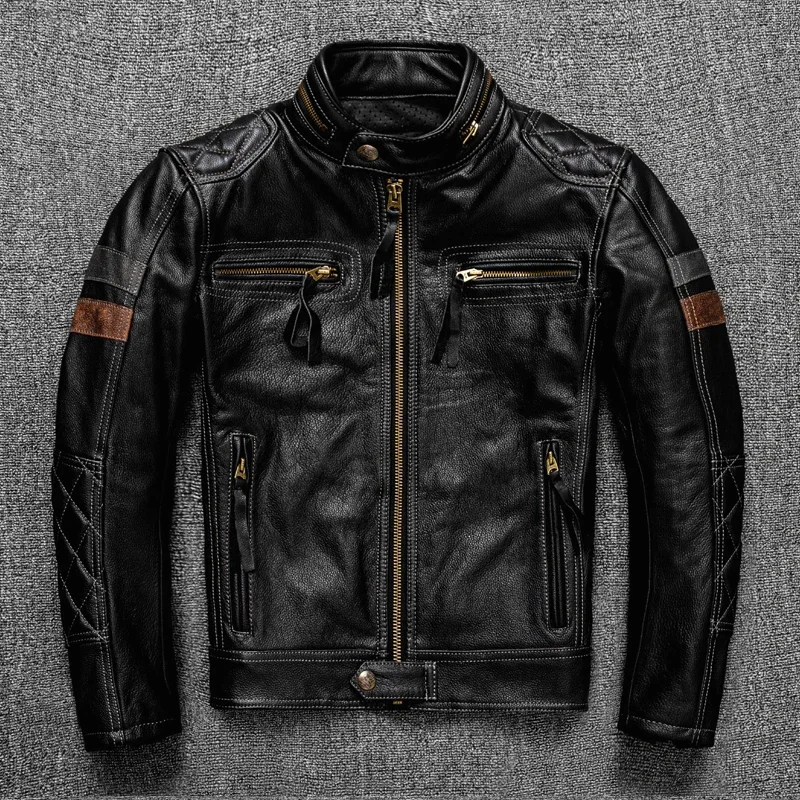 Free shipping. Brand new Pro motor biker real leather jacket.black men rider cowhide coat.quality leather cloth cuero natural