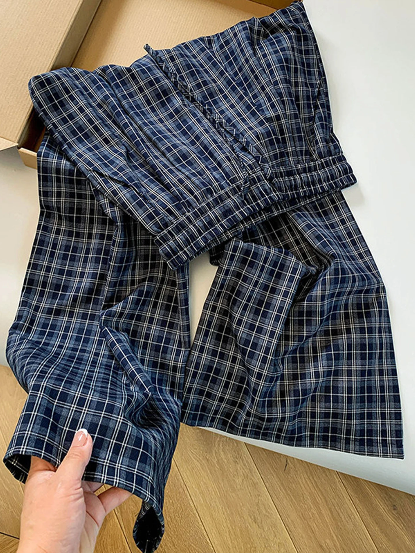 

Casual Plaid Wide Leg Pants Women's Loose Fit Straight Cut Long Trousers Spring Summer 2026 High Waist Elastic Waistband