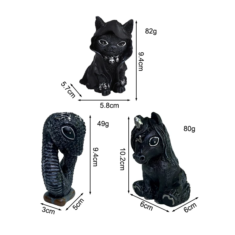 3PC/Set Cartoon Black Cat Statue & Dark Snake Sculpture Set - Desktop Decorative Ornaments for Home Magic Theme