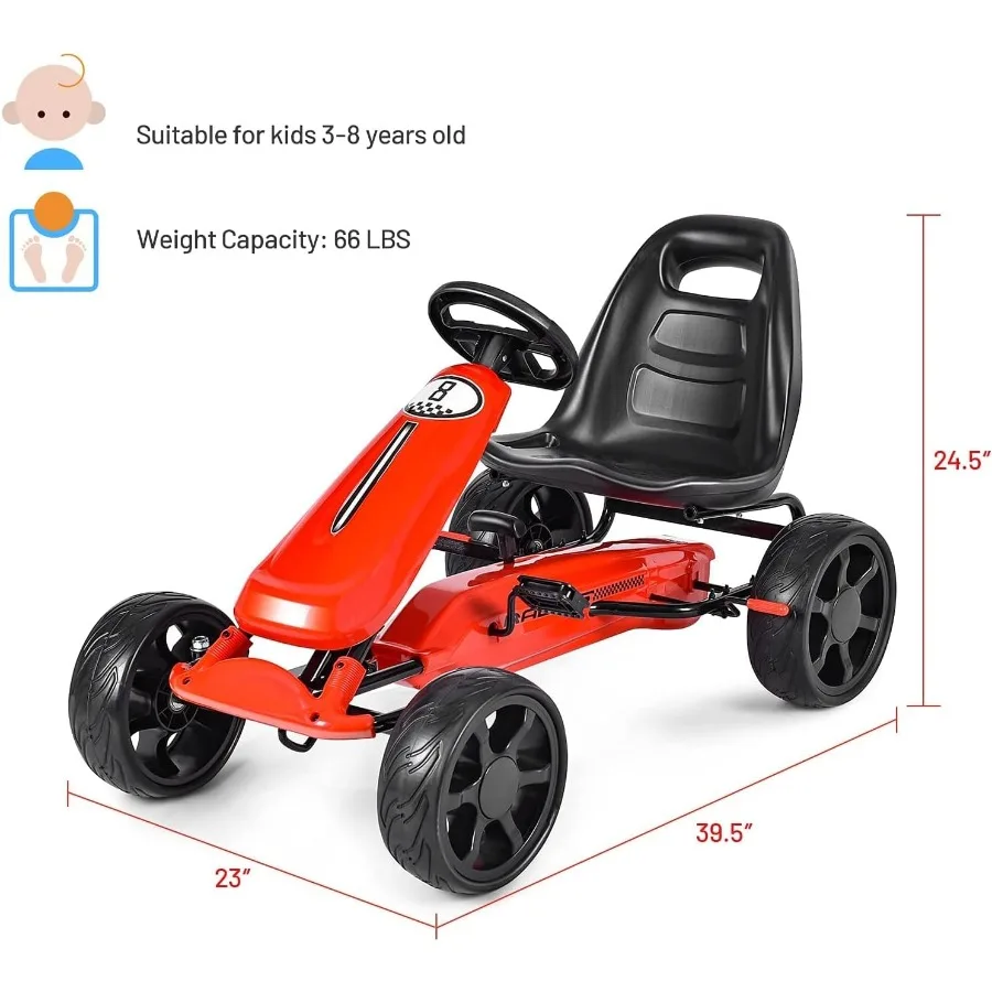 Crianças kart, carro de brinquedo de corrida ao ar livre de 4 rodas para crianças, passeio movido a pedal no carro com assento ajustável, pneus de borracha eva, ideal para