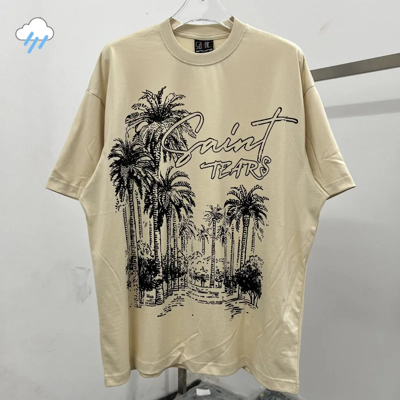 

2024 Summer Oversized Saint Tears T-Shirt Men Women Streetwear Vintage Washed Black Apricot Tops Tee Coconut Tree Print T-Shirt