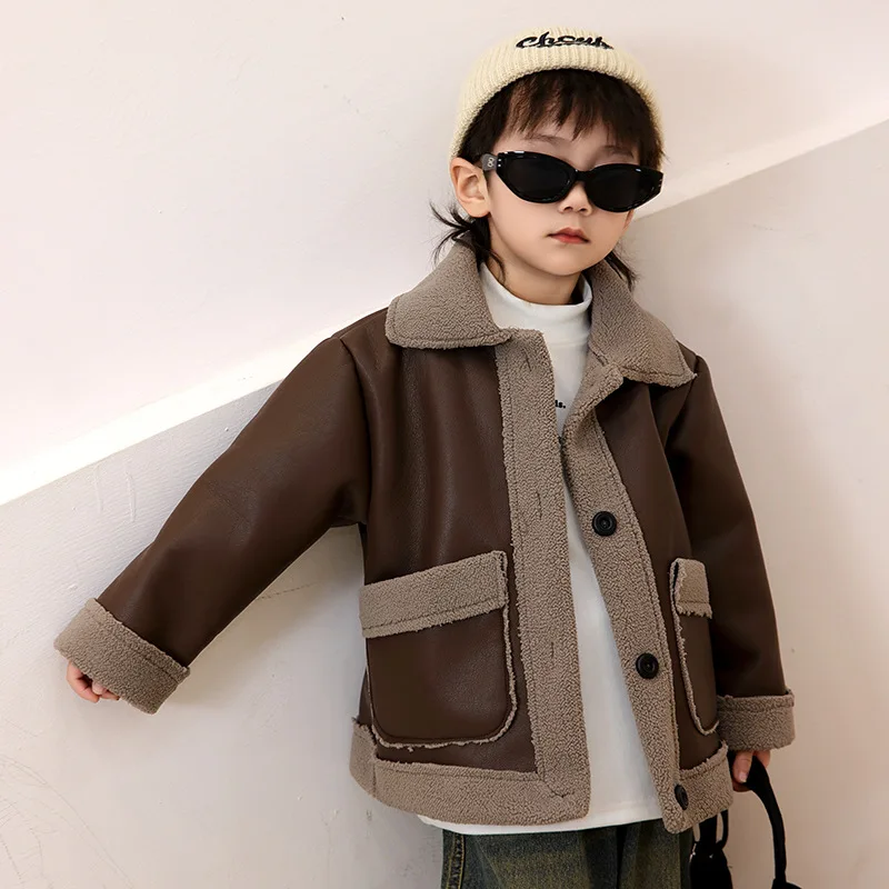 Children's Lamb's Wool Leather Jacket Winter Boys Cold Warm Coat New Girls Lapel Solid Colour Casual Fashion Outerwear 4-14 Year