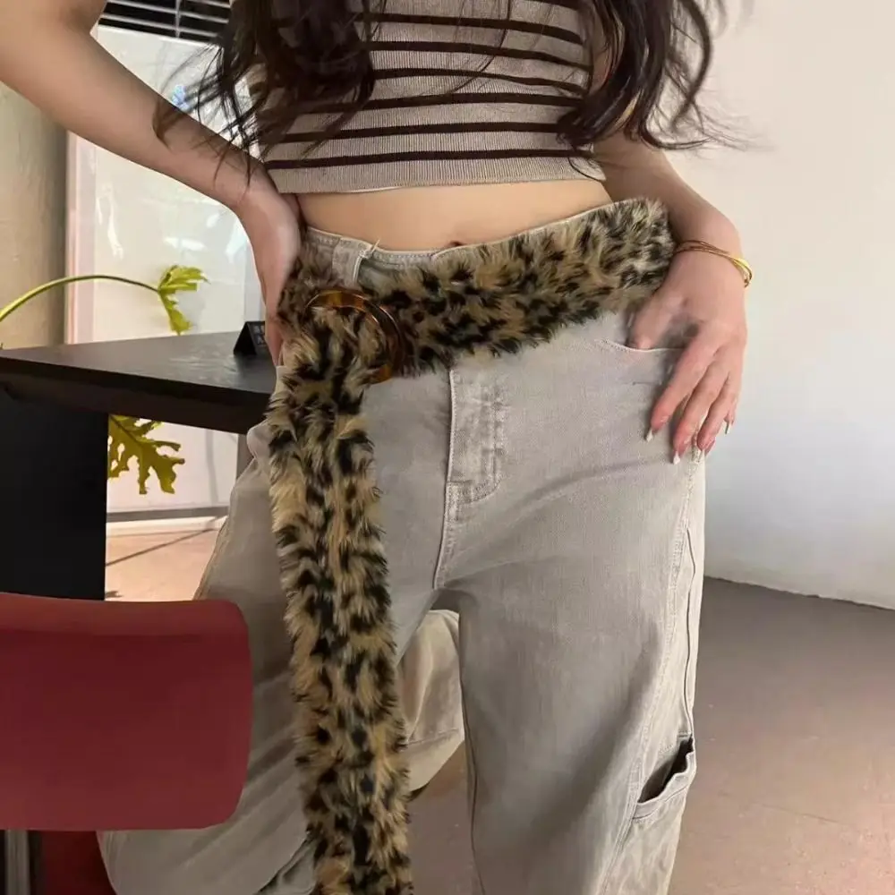 Peludo leopardo impressão cinto de pelúcia fivela de resina y2k borlas de pelúcia cintura jeans decoração steampunk jazz dança trajes acessório