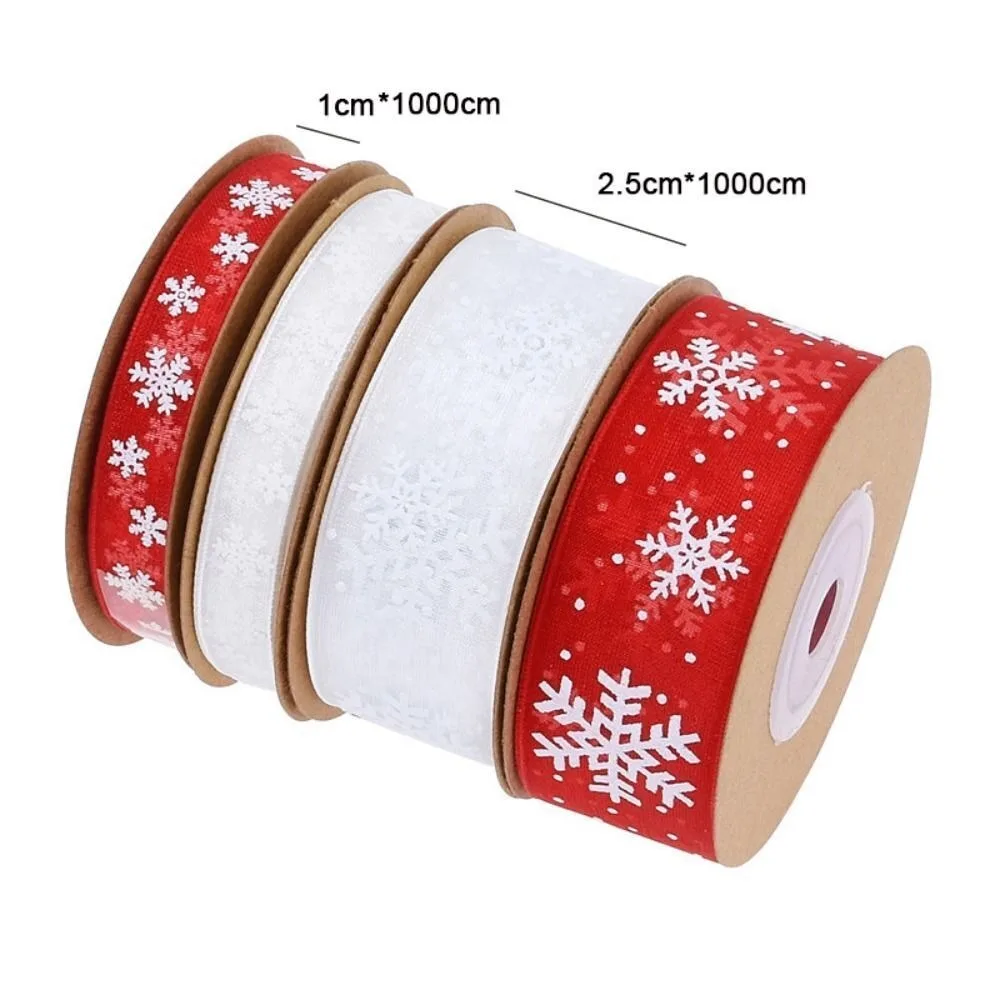 10M Christmas Gift Snowflake Ribbon Wreath Bows DIY Christmas Printed Ribbons Bow Natural Organza Satin Ribbon