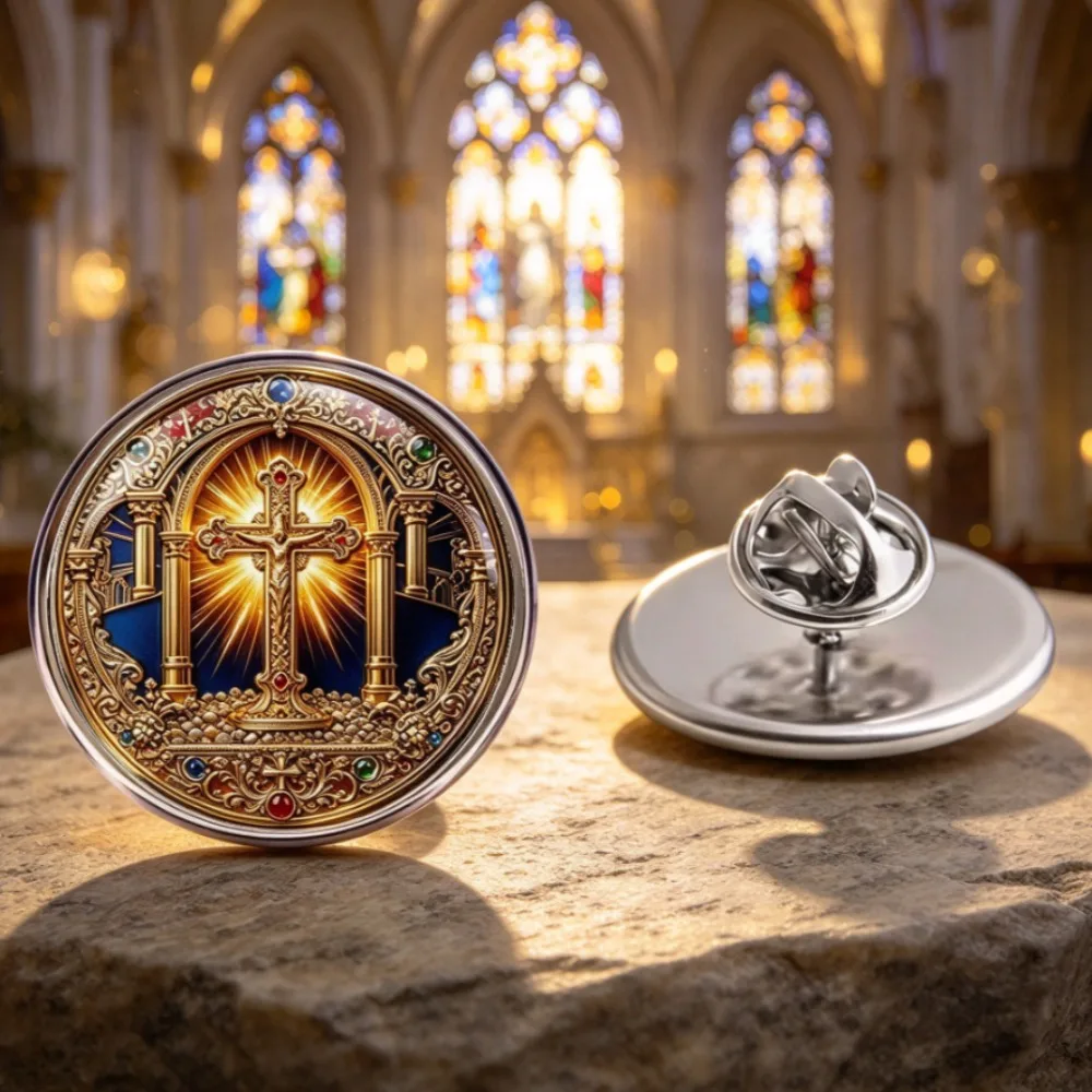 6-20Pcs 2D Flat Gothic Cross Brooch Vintage Ornate Christian Lapel Pin Stainless Steel Religious Collectible Badge Souvenir Gift
