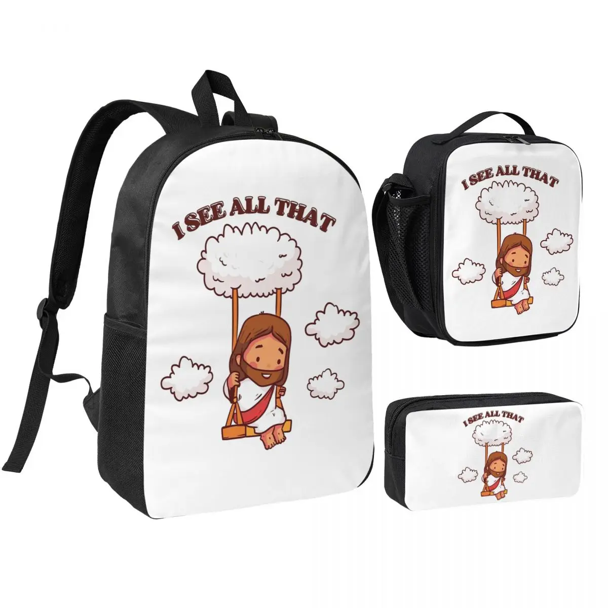 I See All That Cute Jesus On A Cloud Swing Backpack BookBag School Bag Shoulder Bags 3ps Insulated Lunch Bag Pencil Case