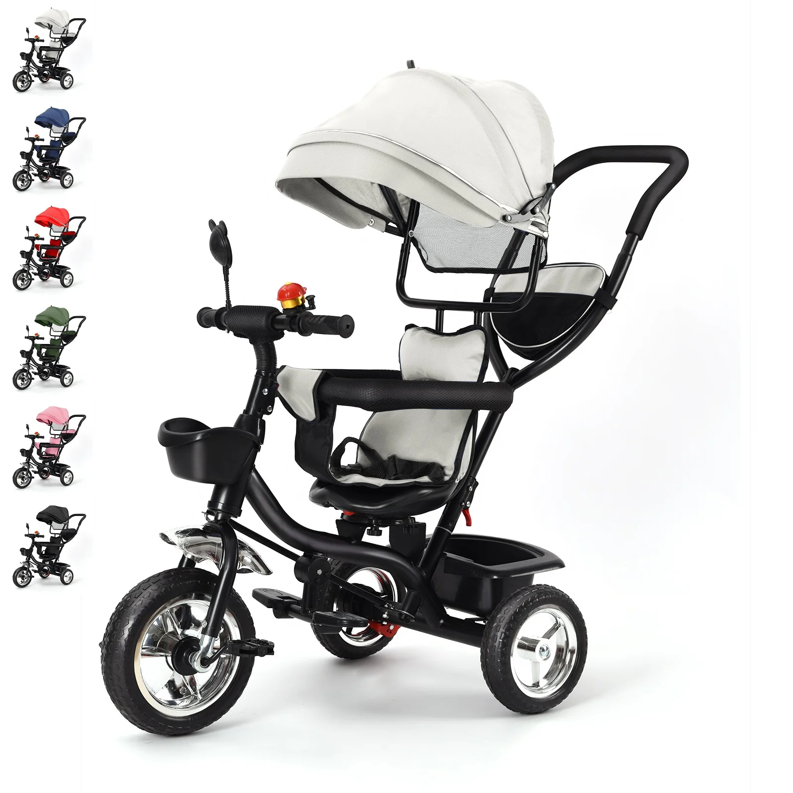 Baby-Dreirad, skalierbar, für 1 bis 5 Jahre, Fahrrad für Senioren und Kinder, umkehrbarer Sitz, großer Korb und Tasche, größere Räder, mit Schiebegriff, grün/rosa/schwarz/rot/blau/grau