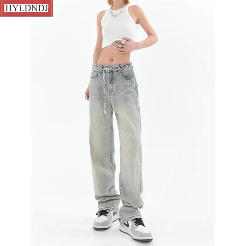 Light Blue Women Jeans Vintage High Waist American Streetwear Straight Baggy Trouser Fashion Casual Autumn Wide Leg Denim Pants