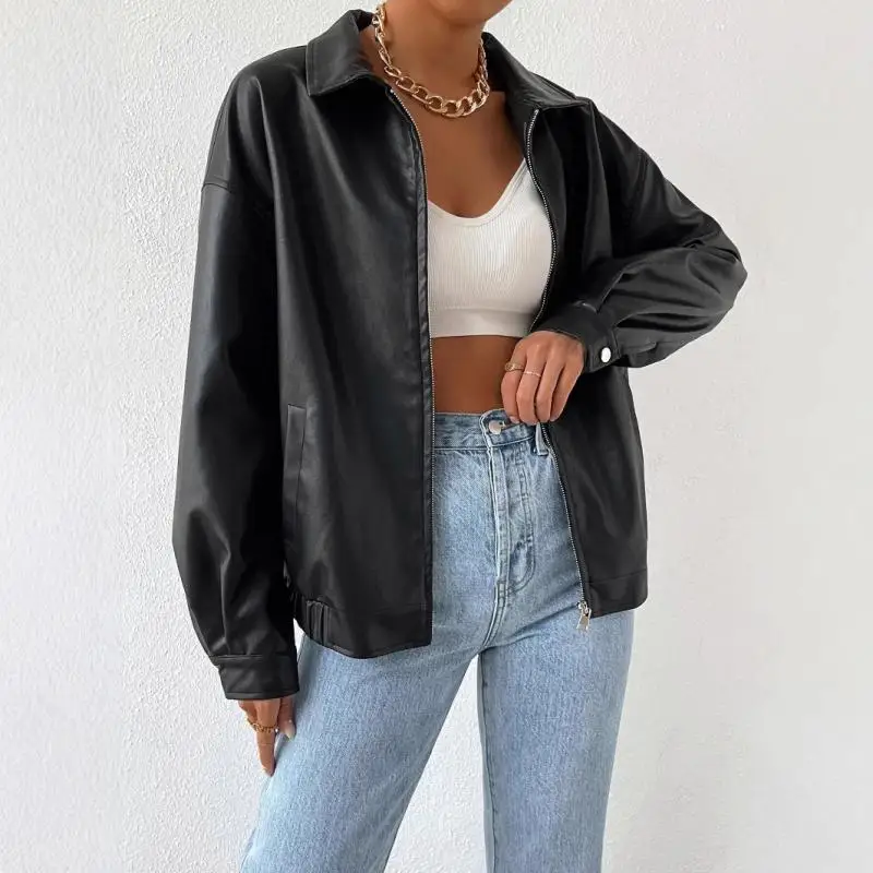 

Women's Jacket Fashion Casual Solid Color Faux Leather Long Sleeve Zipper Lapel Pocket Coat Top European and American Style