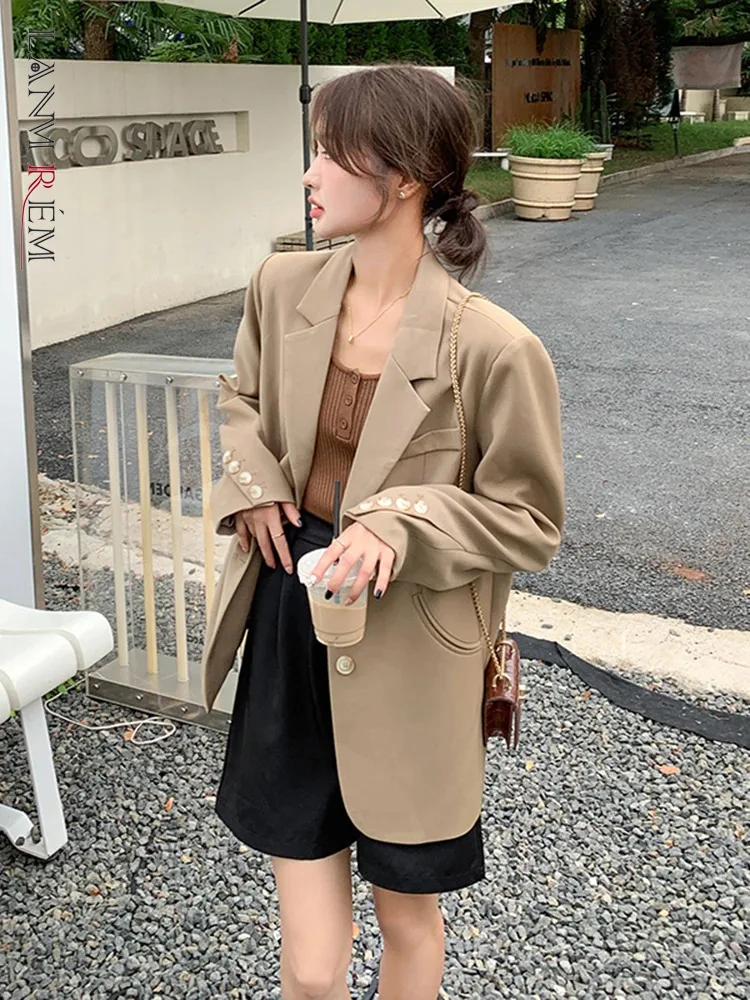 LANMREM Korean Style Blazer For Women Notched Long Sleeves Single Breasted Solid Color Coat 2024 Autumn New Clothing 2Z2526