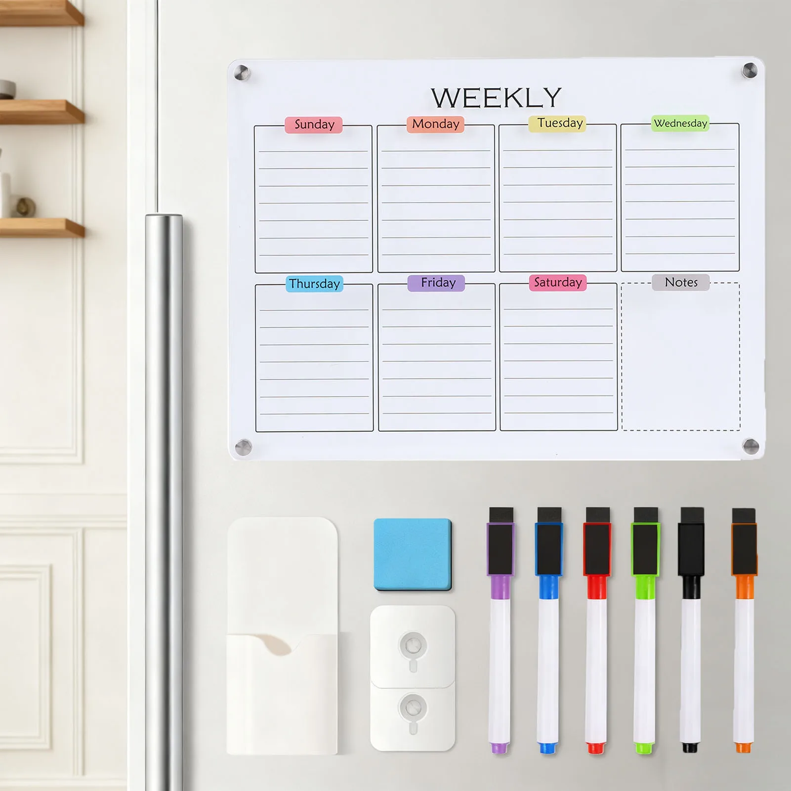 【VJ488】Clear Acrylic Weekly Planner with Magnets Color Label Refrigerator Dry Erase Board for Scheduling Office Work Planning