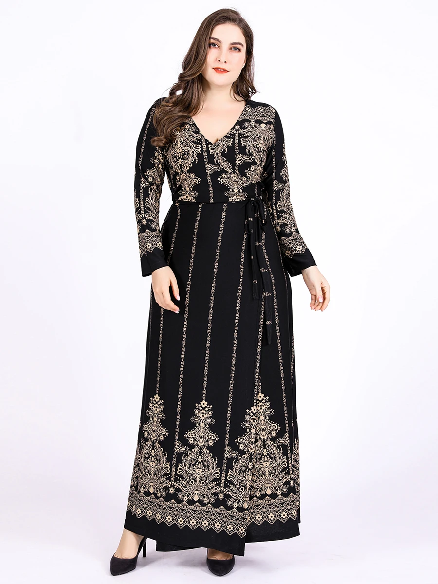 2023 Autumn Winter Wrap Dress Woman Long Sleeve Retro Printing Maxi Long Dubai Abaya Muslim Dress Plus Size Islamic Clothing