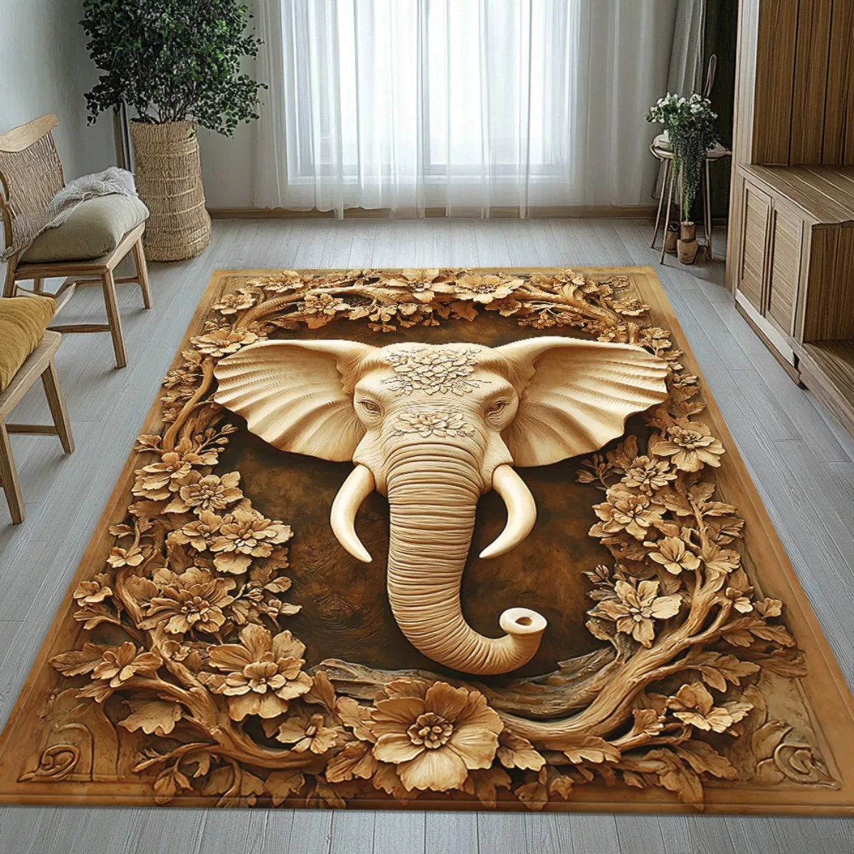 3D Carved Elephant Flower Crystal Velvet Rug Boho Style Living Room Floor Mat Natural Wood Look Anti Slip Area Carpet