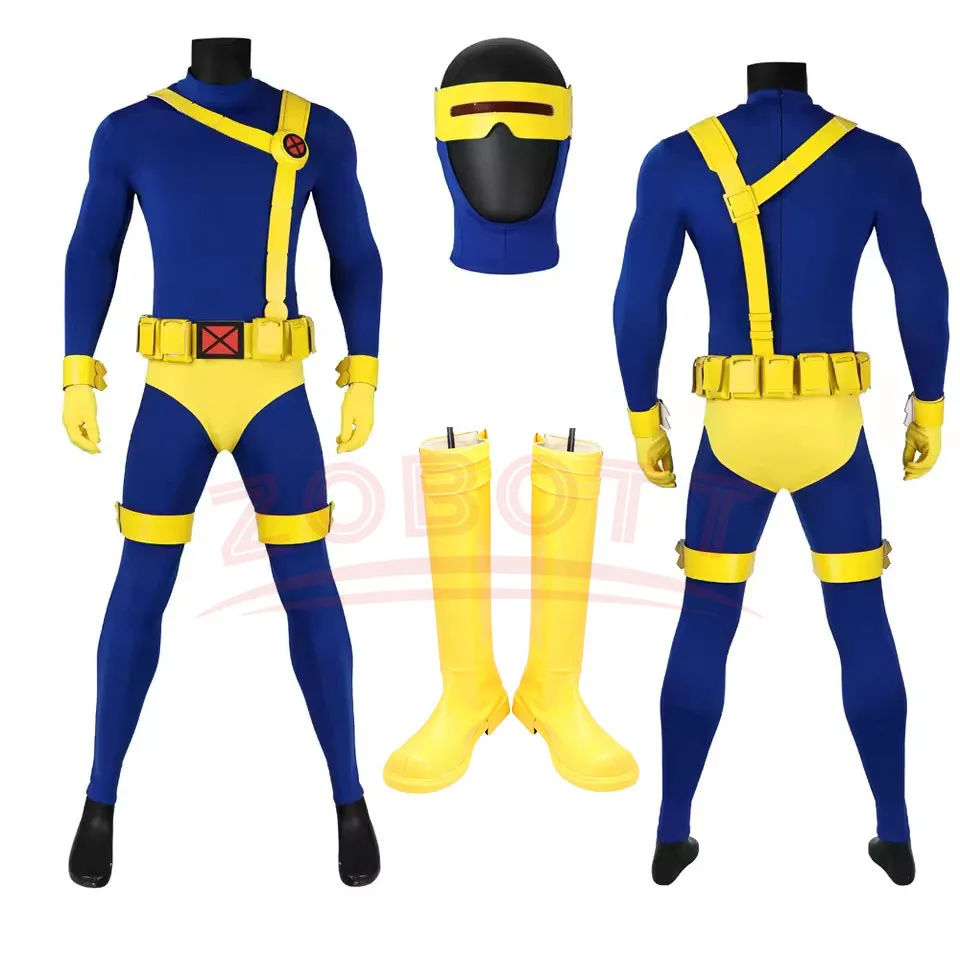 

Adult Carnival Anime X Police 97 Man Cyclops Scott Summers Jumpsuits Cosplay Costume Blindfold Belt Accessories Shoes