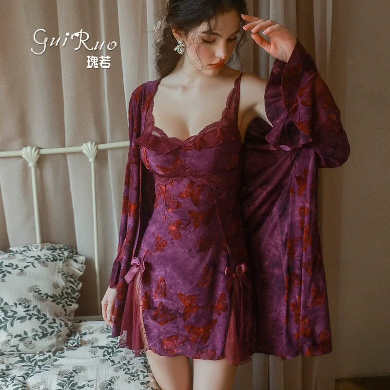 

Women Lace Bathrobe Satin Nightgown Suit Summer Chiffon Kimono Robe Set Lingerie Twinset Sleepwear Gown Clothing