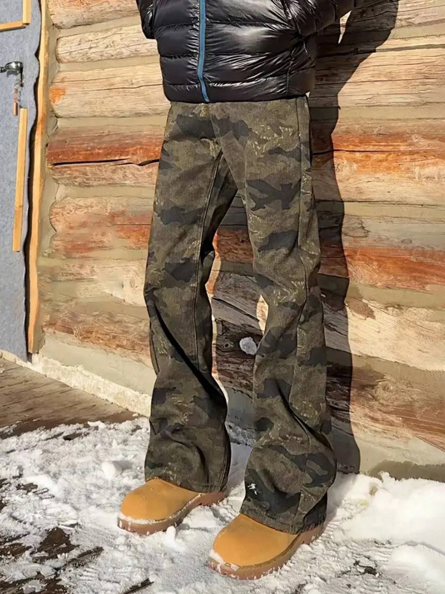 

Men's Camouflage Fce Lined Jeans Low Waist Straight Leg Winter Wear Youth Faion Casual Trousers with Zipper ket