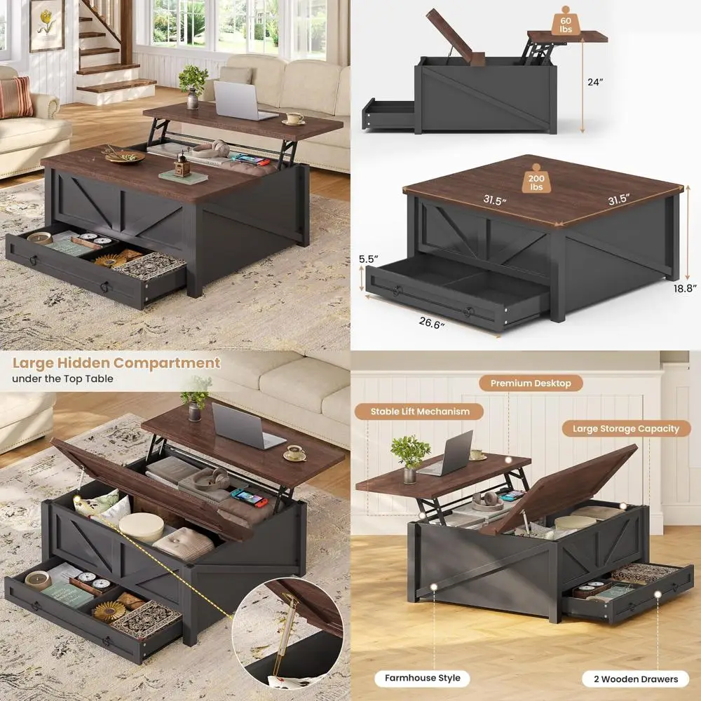 Stolik kawowy z kwadratowym blatem, podnoszonym blatem i szufladami, element centralny do salonu, meble z ukrytym schowkiem