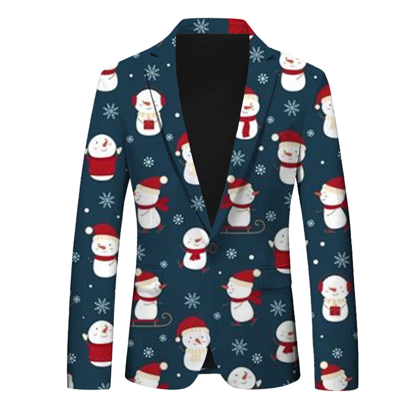 Christmas Cute Animal Printed Pockets Suit Jacket Turn Down Collar Button Up Slim Fit Suit Coat Holiday Party Formal Blazer Men