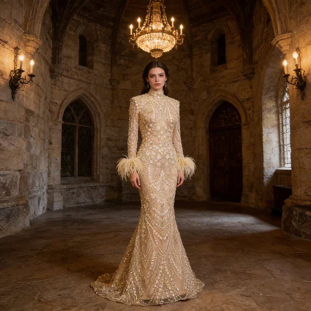 Elegant Lace Feather Muslim Evening Dress for Women Detachable Train 2026 Long Sleeves Formal Prom Wedding Party Gown Customized
