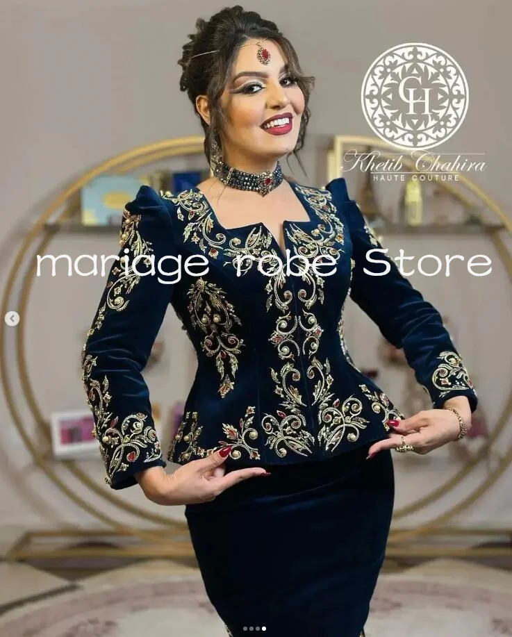 Navy Blue Velvet Mermaid Prom Formal Dresses Arabic Caftan Tea-length Peplum Karakou Algérien Albanian Evening Dress customsized