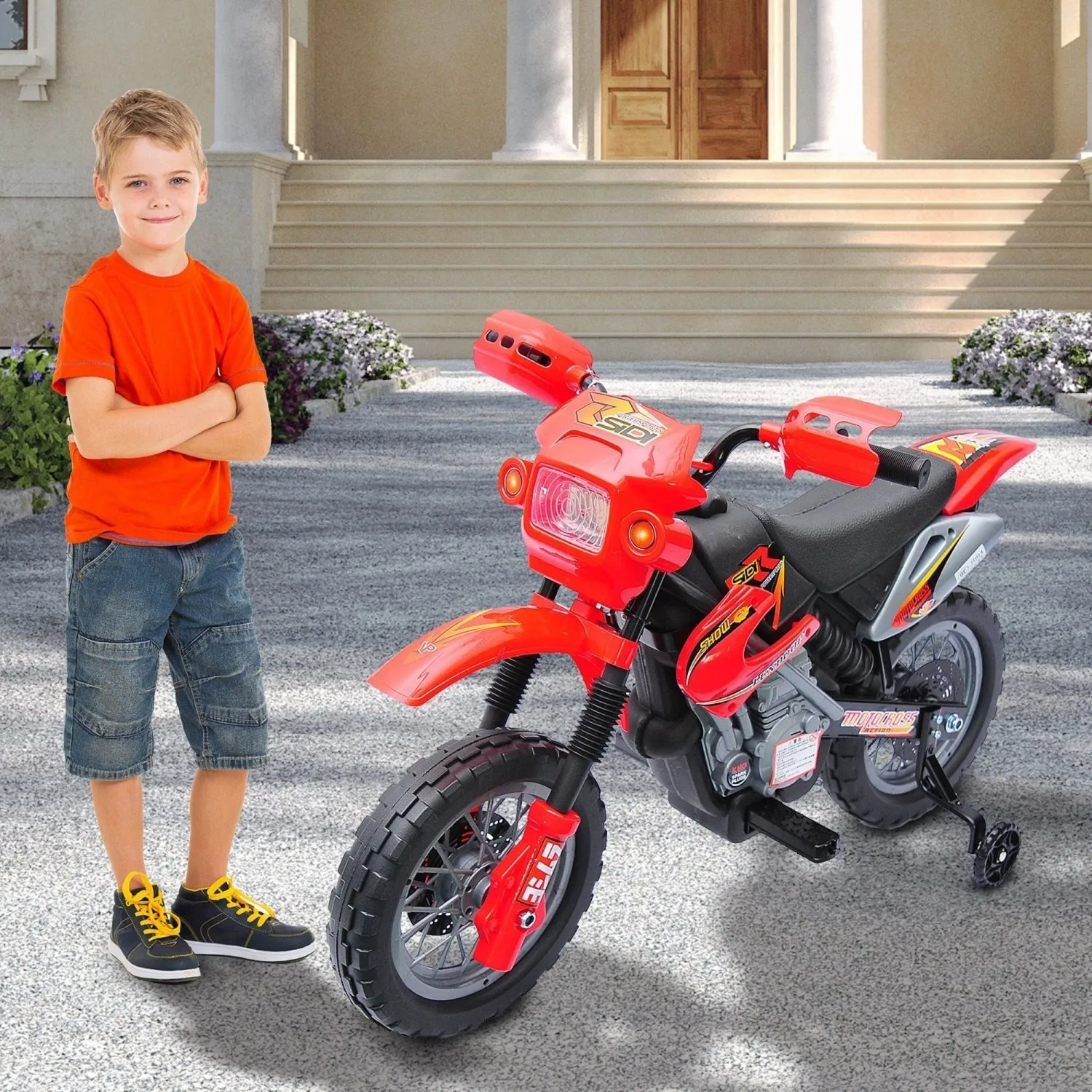 Motocicleta eléctrica Qaba Kids de 6 V con ruedas de entrenamiento, alimentada por batería, roja
