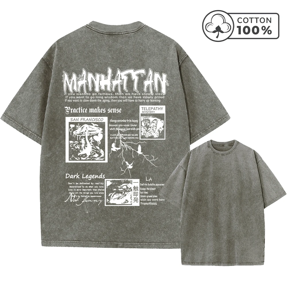 Men's Y2K Retro Dark Gothic Font Print Washed T-Shirt Summer Loose Casual Distressed Cotton Fitness Commuter Short Sleeve