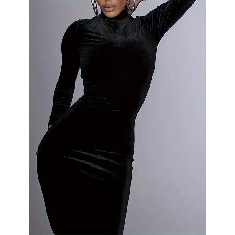 فساتين نسائية سوداء فستان بأكمام طويلة نصف ياقة عالية مثير عالي النحيف فستان مخملي أنيق للحفلات المسائية رداء فيستدو