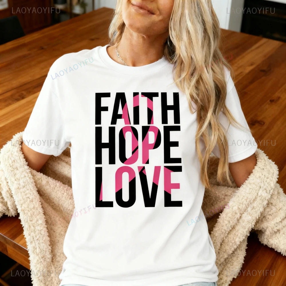 Fede Speranza Amore Camicia con nastro rosa T-shirt da combattimento per cancro al seno T-shirt da donna per la consapevolezza del cancro Vita quotidiana T-shirt casual in cotone