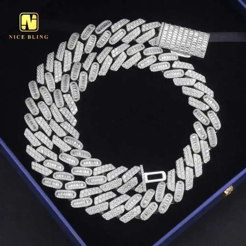 

Fashion Diamond Jewelry Custom Cuban Link Chain 925 Silver Hip Hop Cuban Necklace 18mm Half Round Half Baguette Moissanite Chain