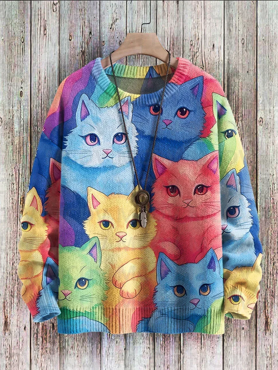 Multicolor Cats Rainbow Art Print Knit Pullover Sweater Women For Men Sweater