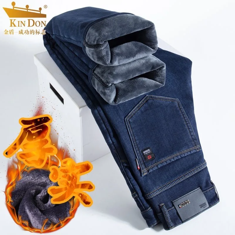 Tendenza moda invernale tinta unita con jeans caldi morbidi e spessi per jeans sportivi larghi casual da uomo a gamba dritta di alta qualità