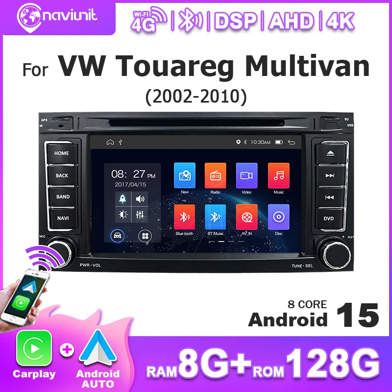 Autoradio con schermo da 7 pollici, CarPlay wireless, Android 15 per Volkswagen Touareg, Transporter T5, Multivan 2002-2010, lettore video.