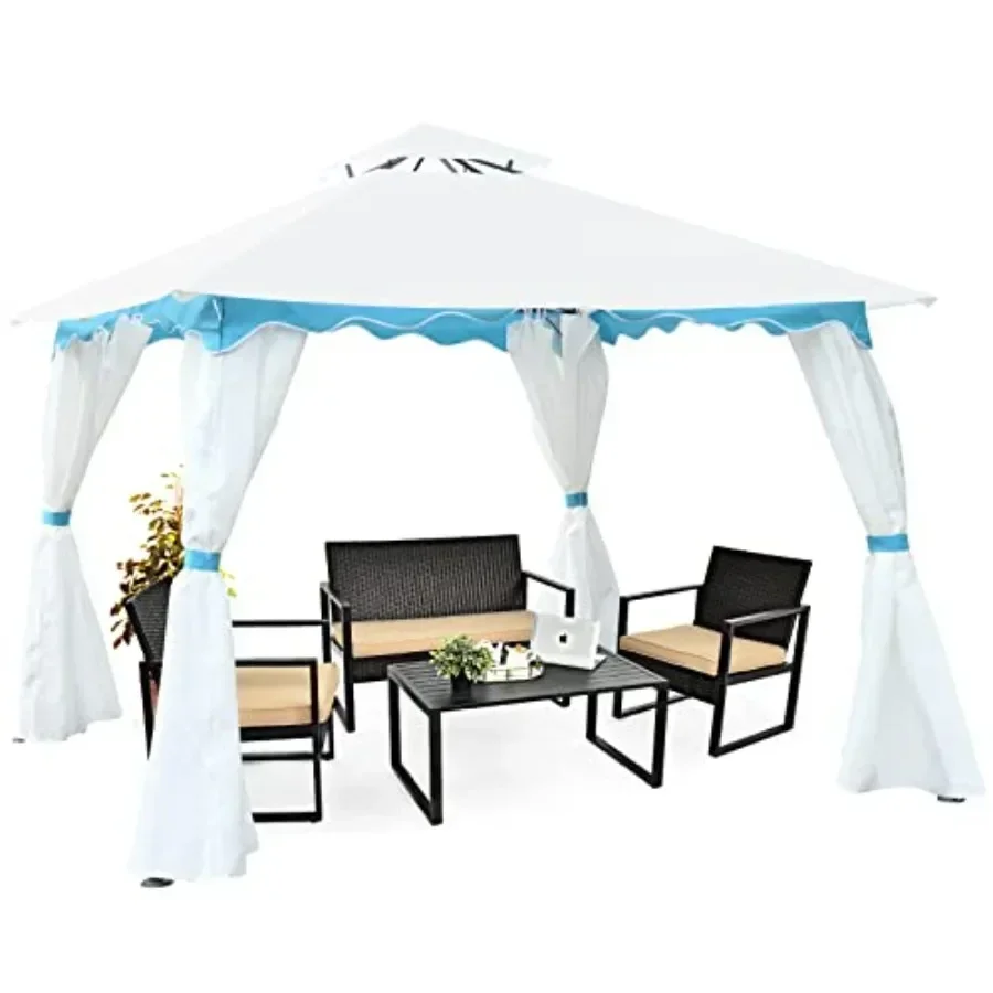 10 x 10 ft Patio Steel Gazebo Outdoor  Gazebo with Side Walls Zippers 2 Tier Vented Roof Blue Trimming Steel  Gazebo for Patio